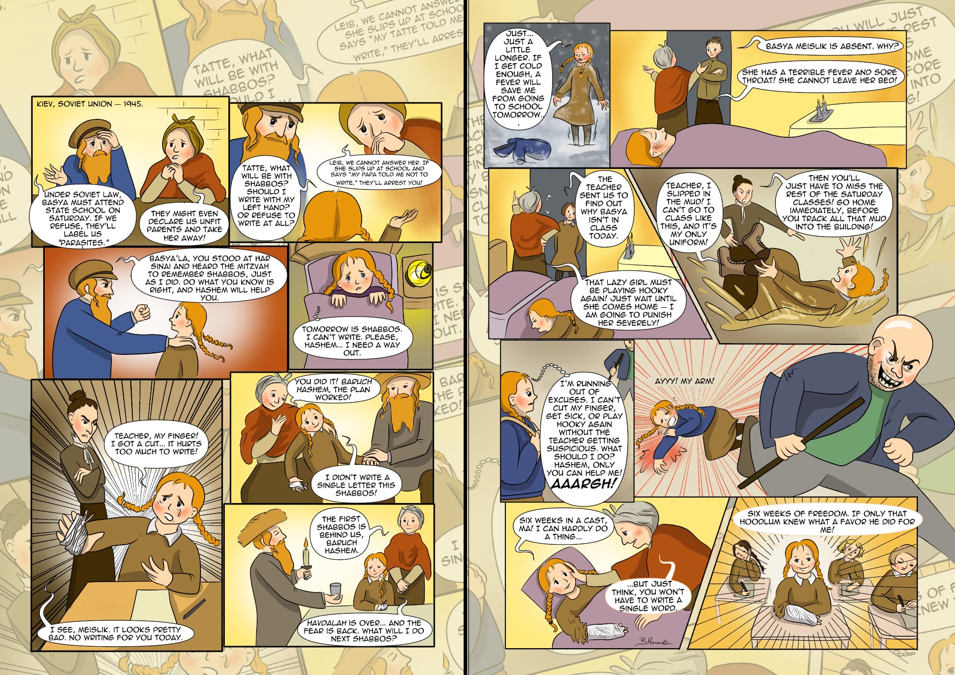 Double-page comic spread telling the story of a Jewish schoolgirl in Soviet Kiev