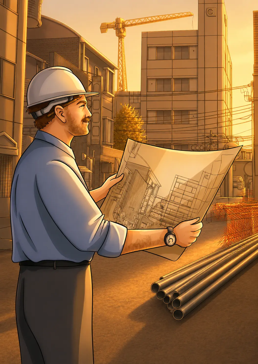 Builder in a hard hat studying plans at a construction site