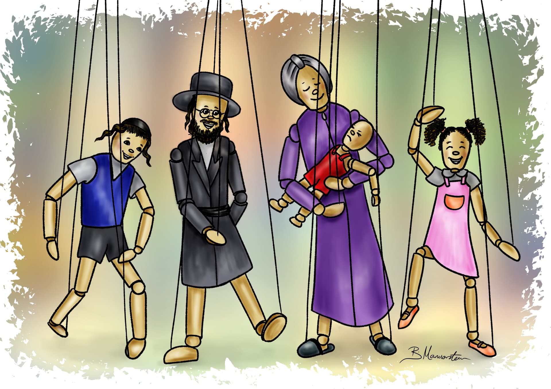 Four wooden marionette puppets dressed as a family, hanging from strings