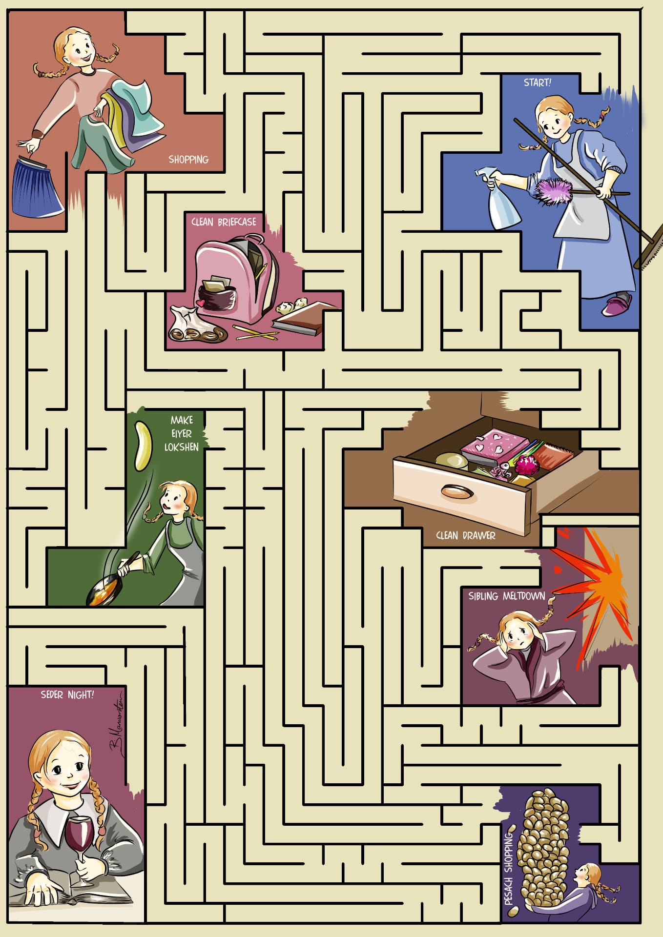 Illustrated Pesach cleaning maze with panels for shopping, cleaning and Seder night