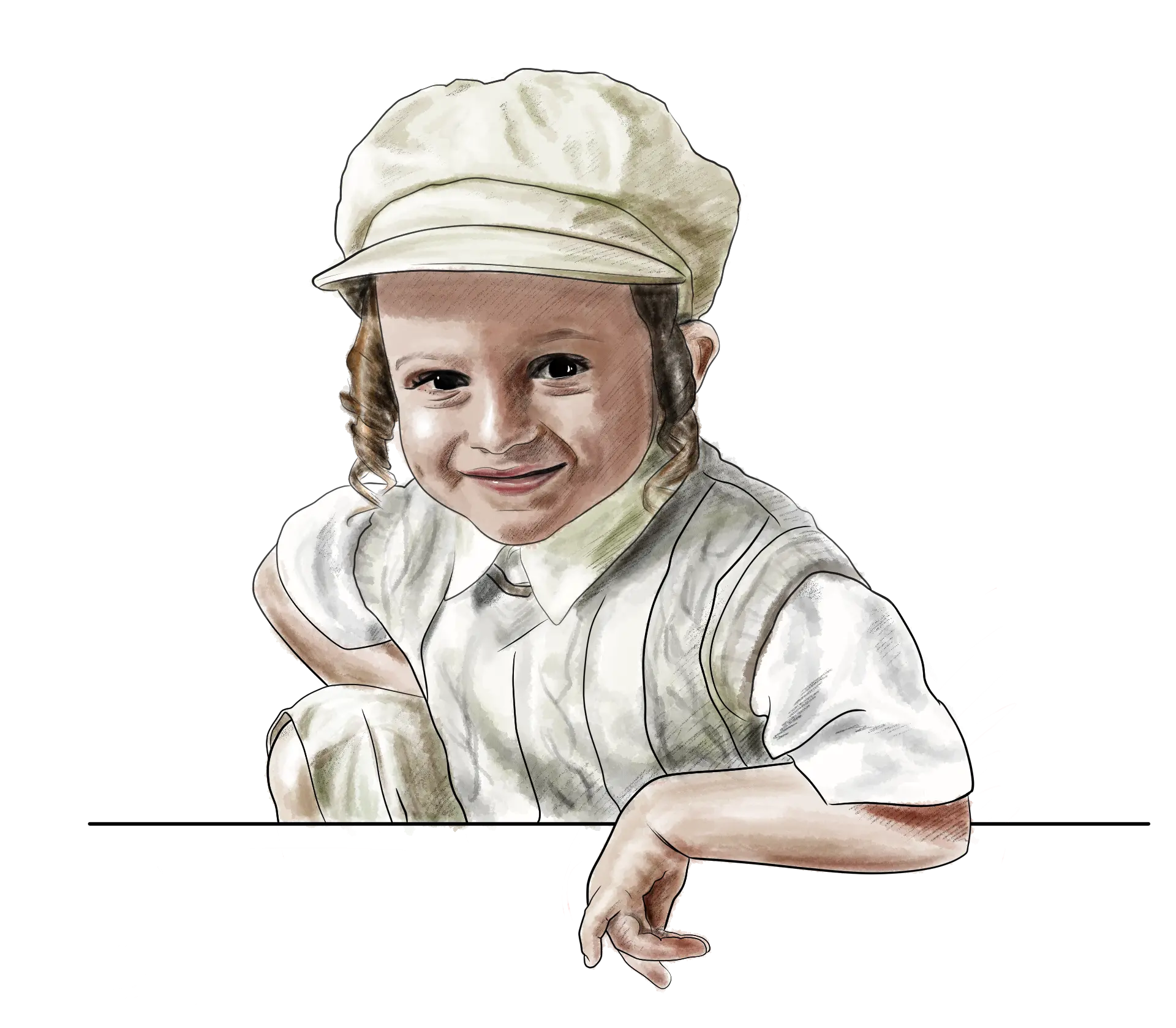 Sketched portrait of a smiling boy in a cap leaning over a line