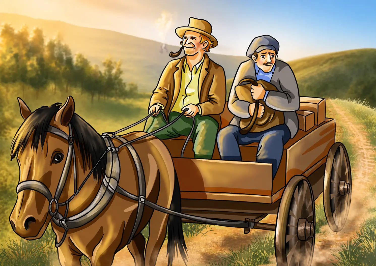 Two men riding a horse-drawn wagon along a country road