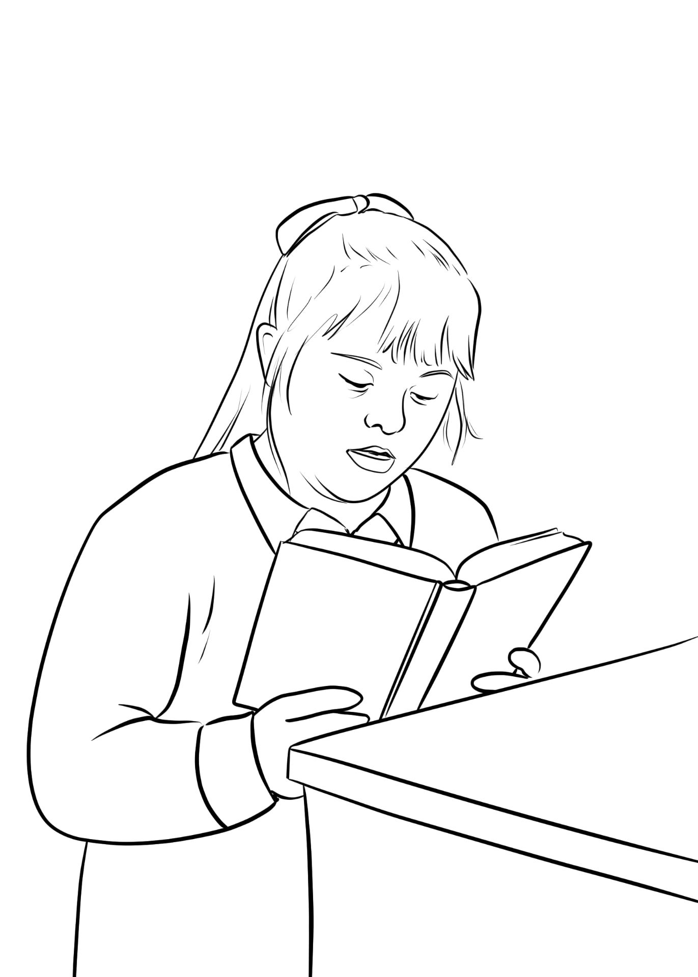 Line drawing of a girl reading from a book at a lectern