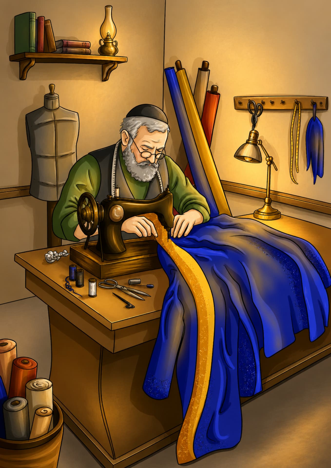 Elderly tailor sewing blue and gold fabric at a vintage sewing machine by lamplight