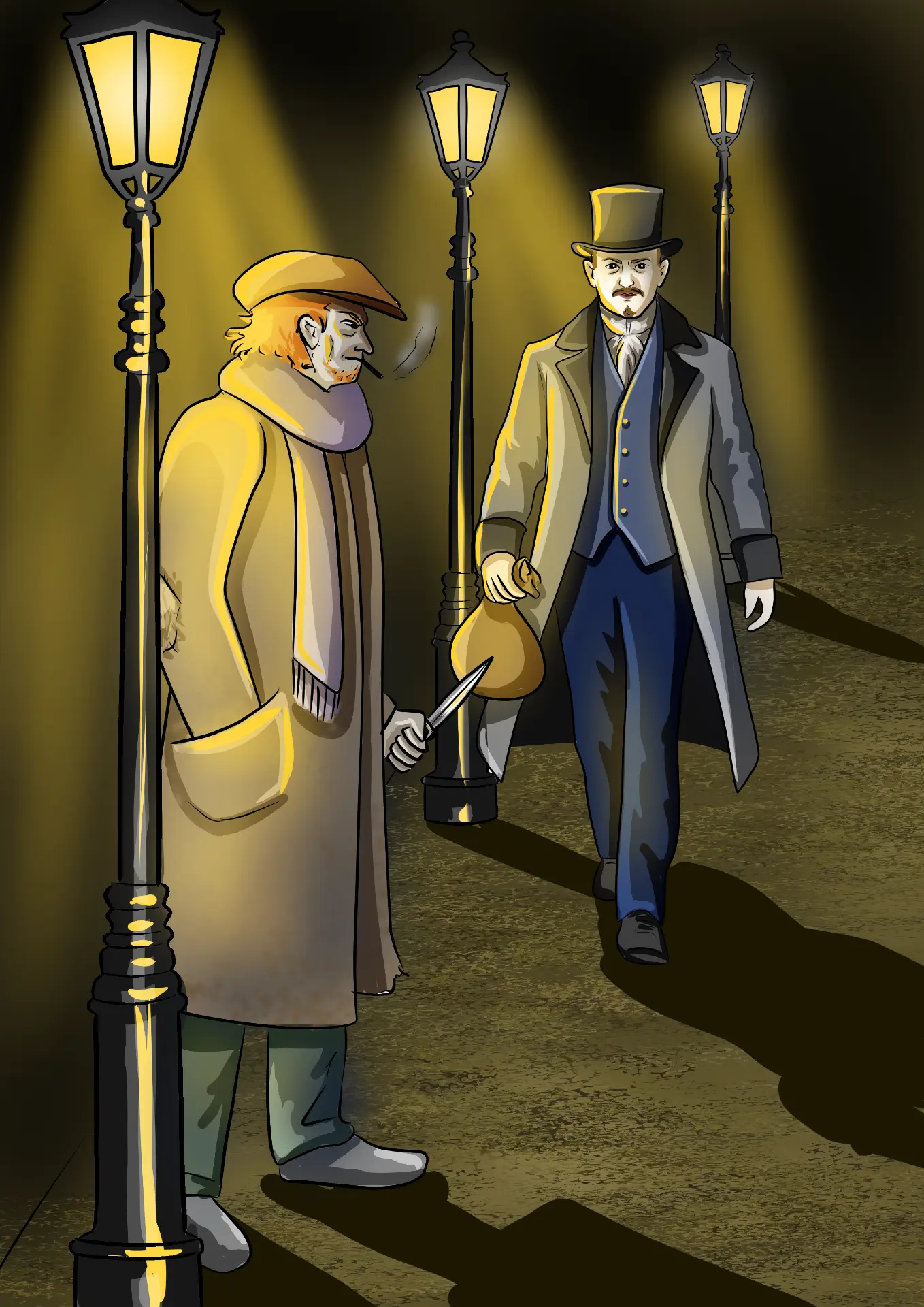 Man waiting with a knife behind a lamppost as a stranger walks by at night