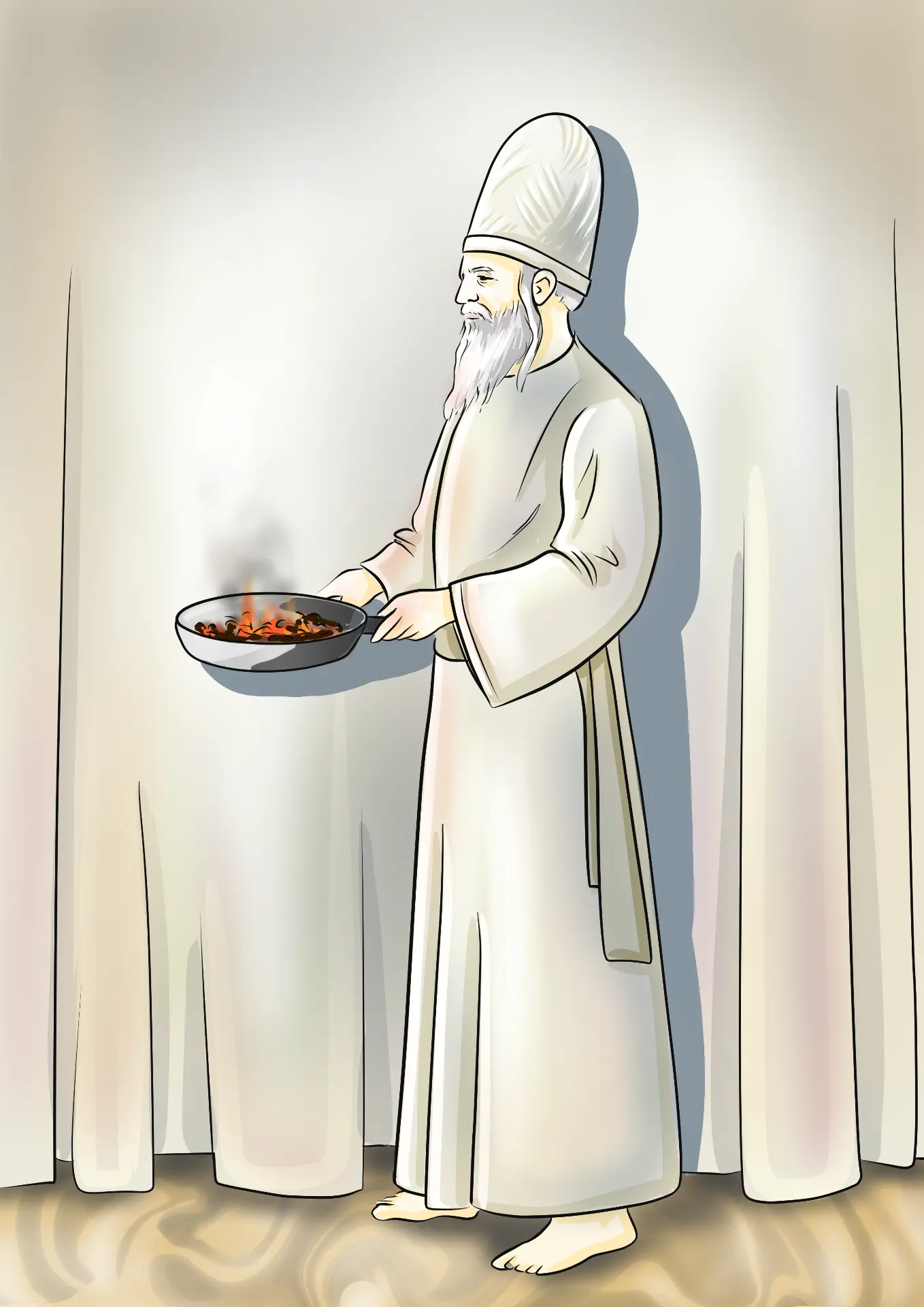 Kohen Gadol in white robes carrying a pan of glowing coals