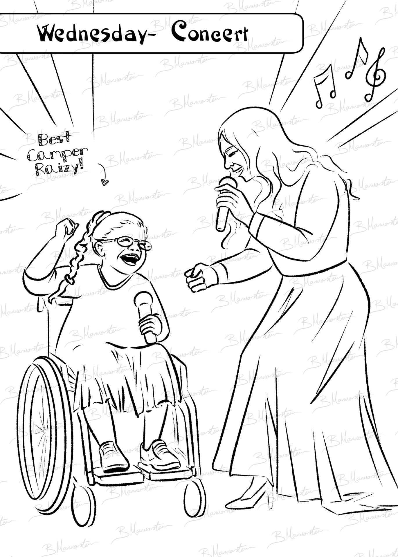 Line drawing of a girl in a wheelchair singing with a performer holding a microphone