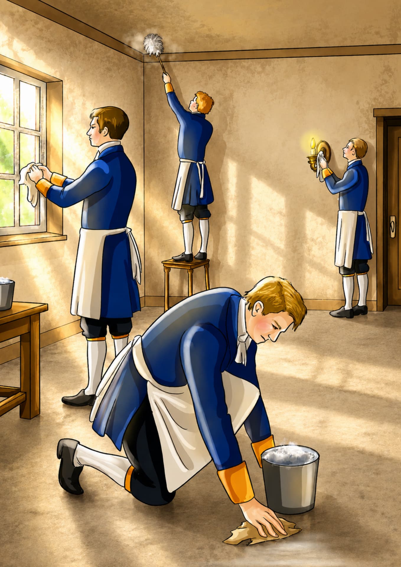 Palace servants in blue livery cleaning a sunlit room