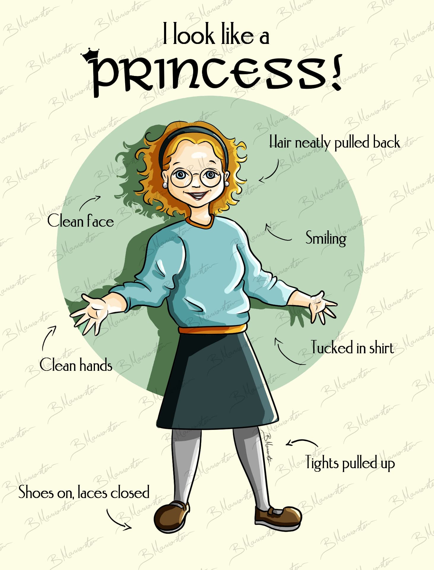 Educational poster of a smiling girl labelled with neat-appearance reminders