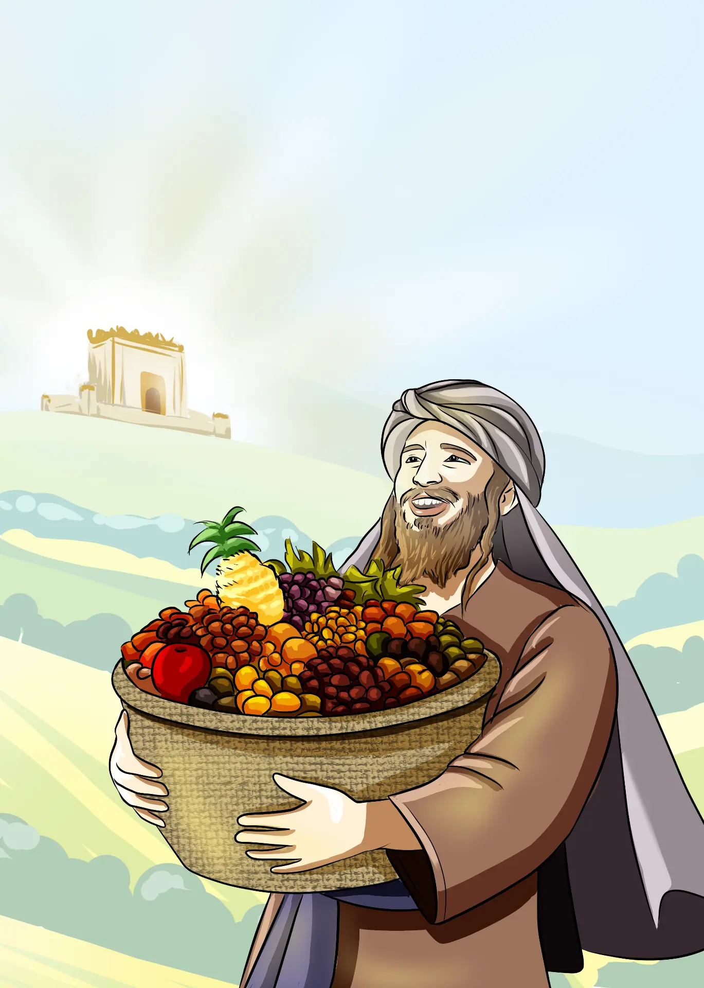 Farmer carrying a basket of first fruits toward the Beis Hamikdash