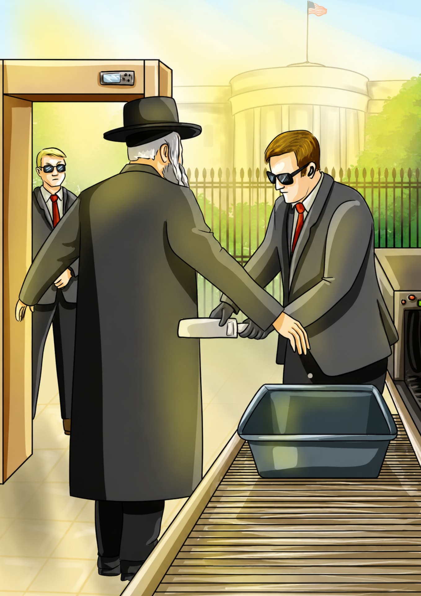 Elderly rabbi passing a security checkpoint outside a government building