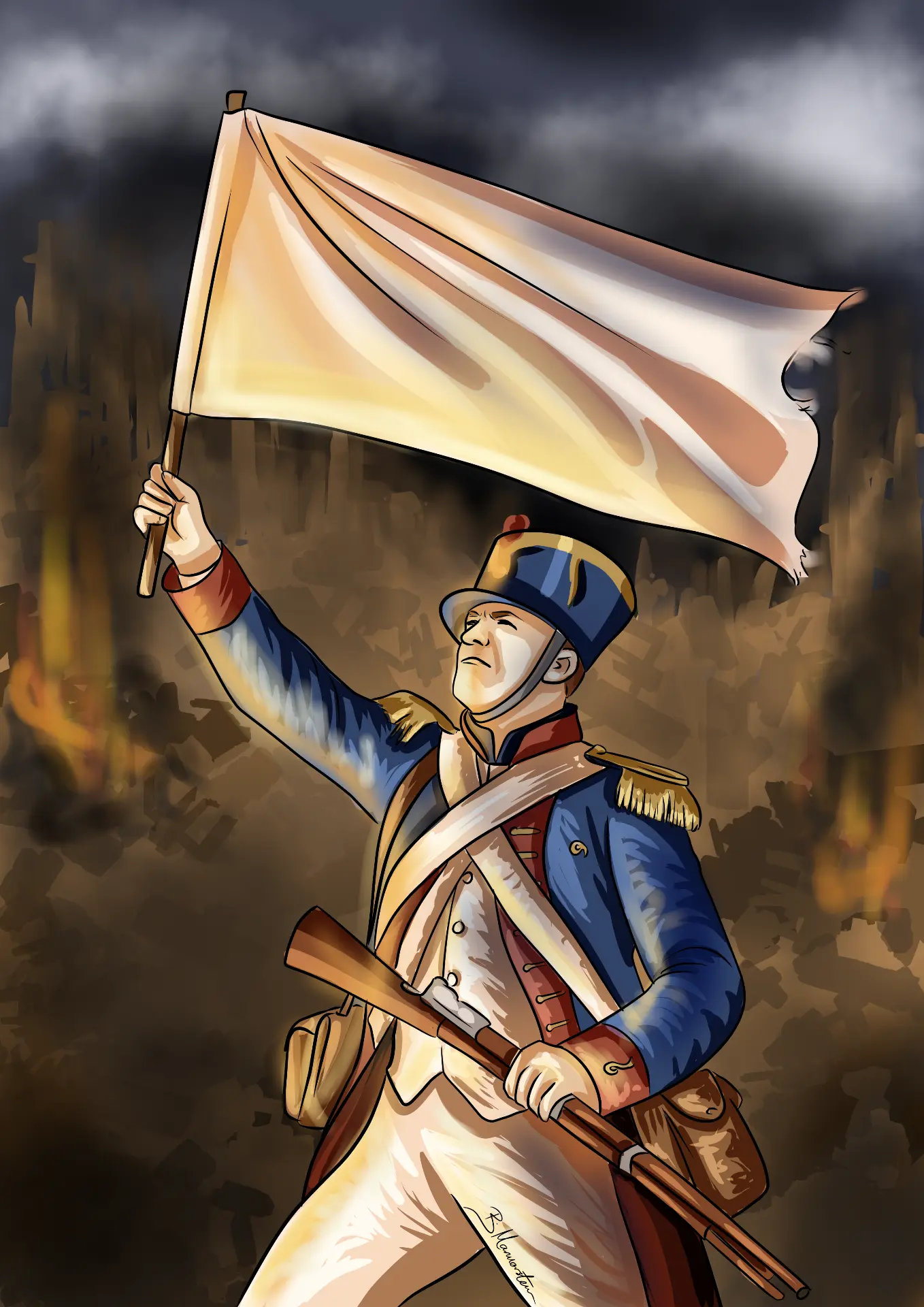 Soldier raising a white flag above a burning battlefield