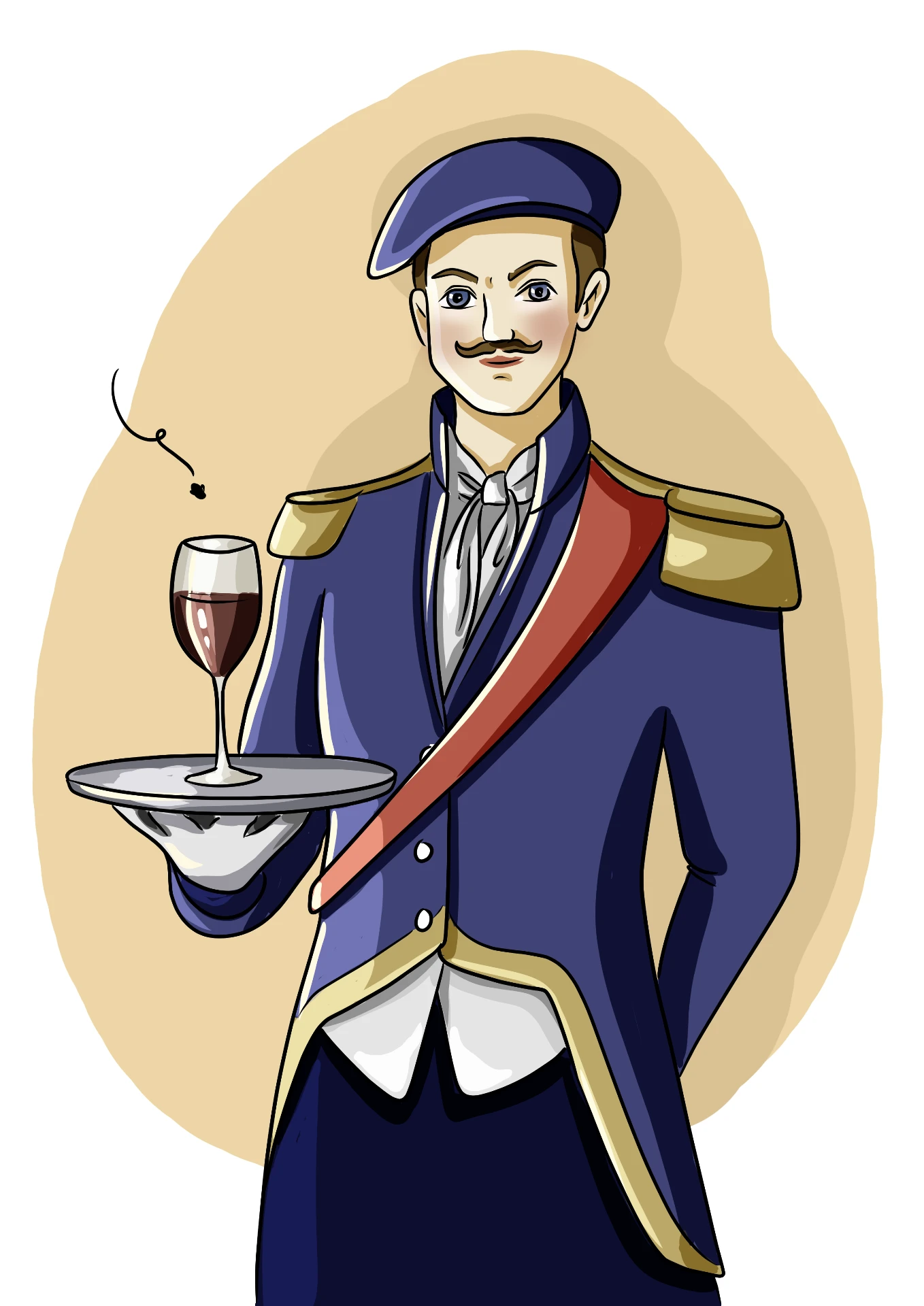 Uniformed cupbearer holding a tray with a glass of wine