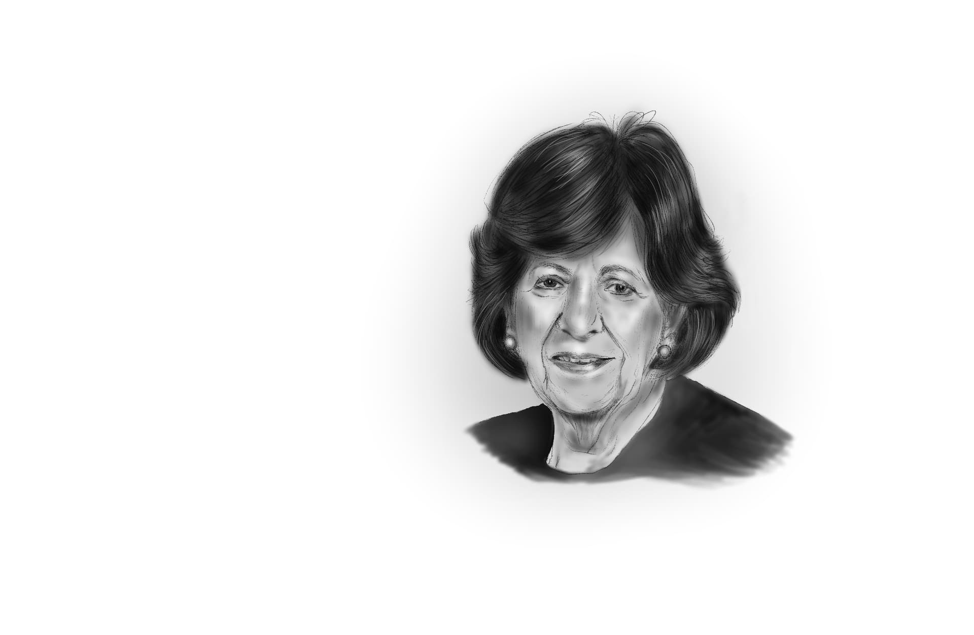 Greyscale pencil portrait of a smiling older woman with short dark hair