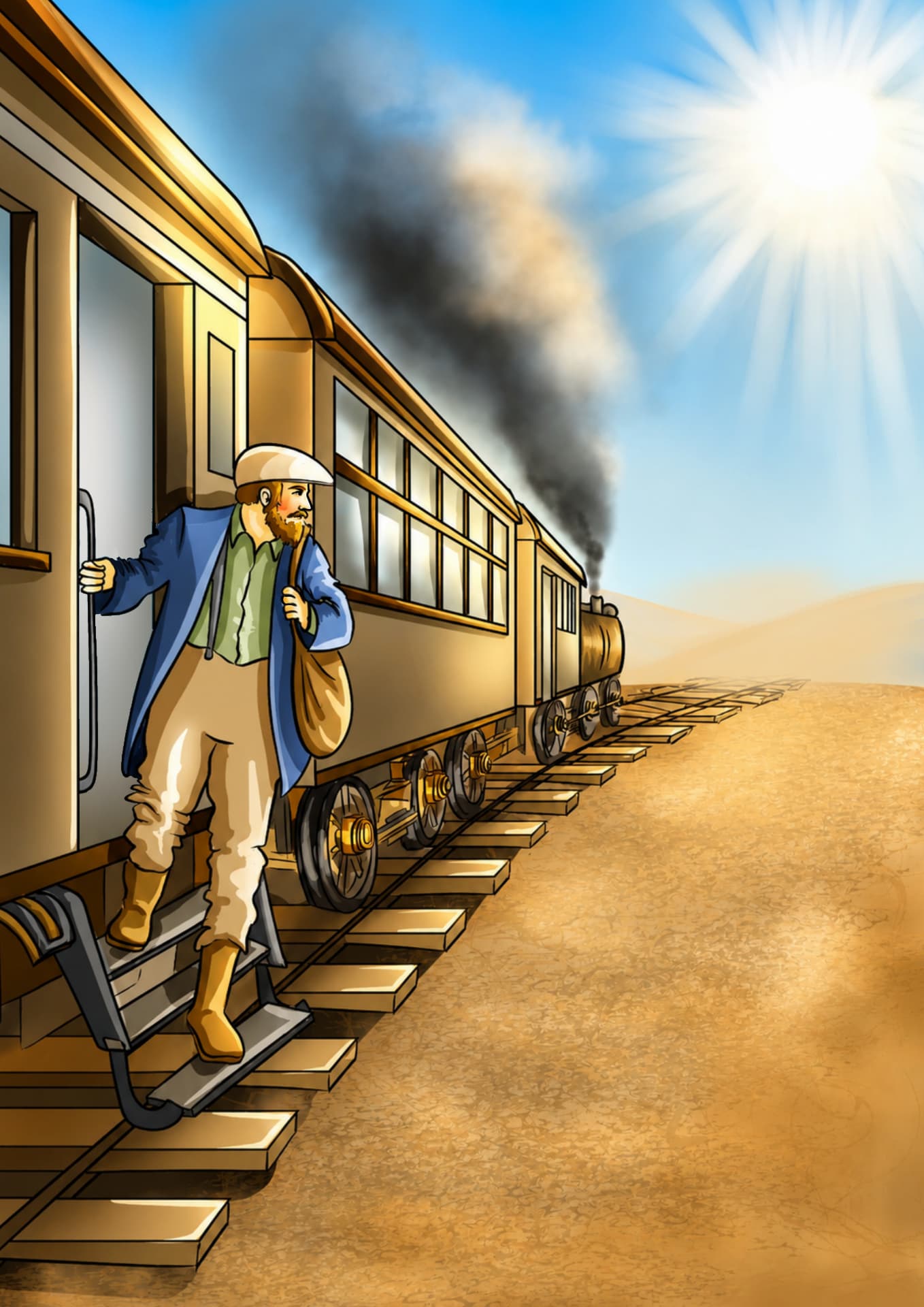 Traveller stepping off a steam train into the desert
