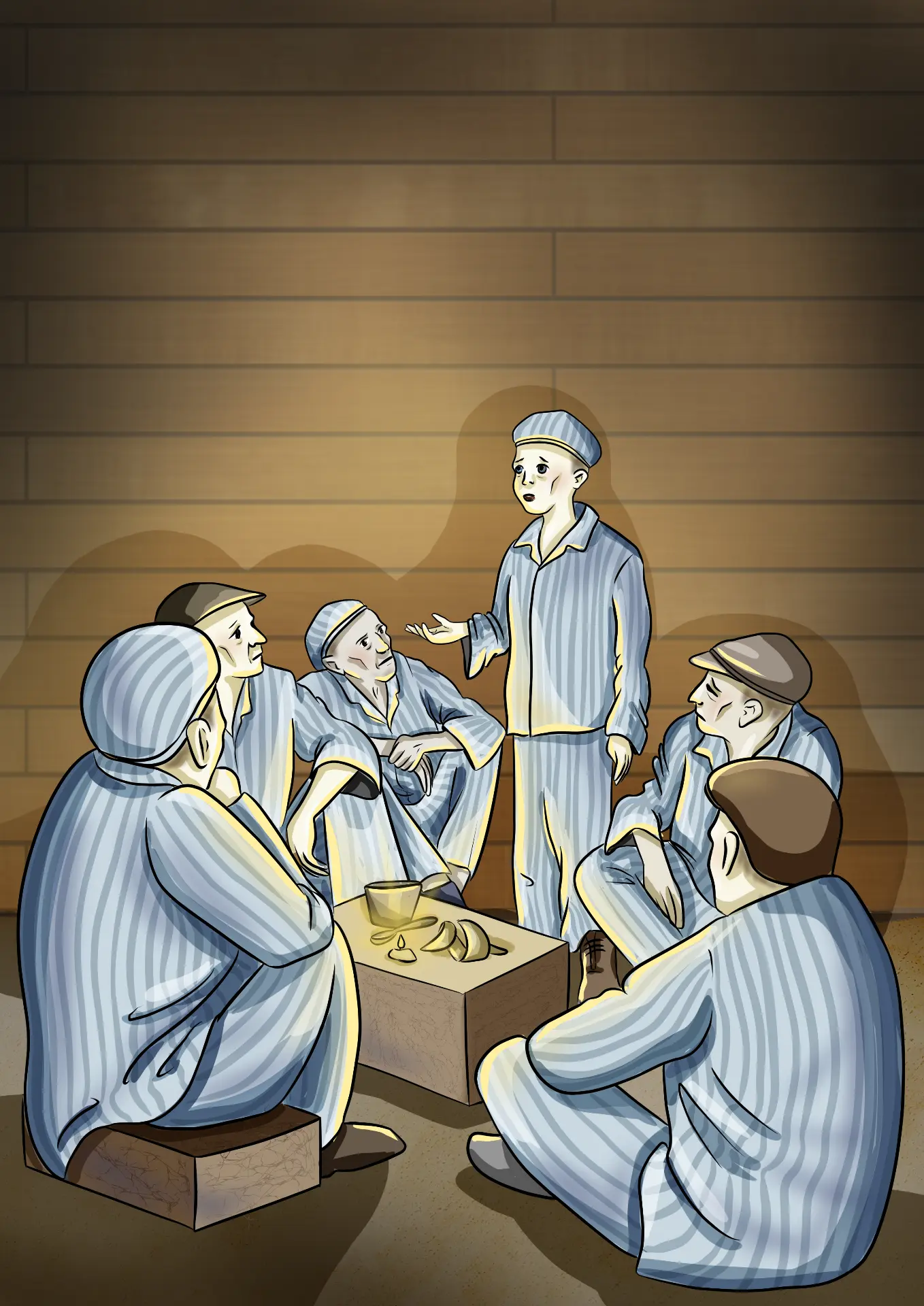 Men in striped uniforms gathered around a crate lit by a small flame