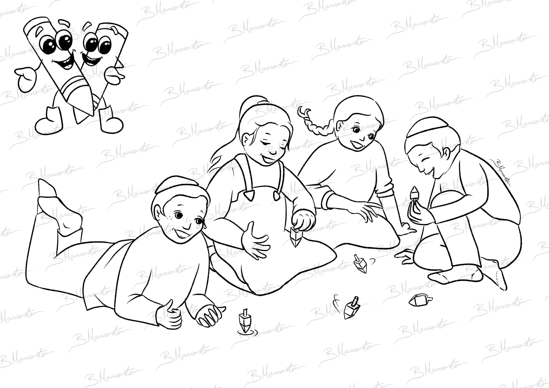 Line-art coloring page of four children playing dreidel with two crayon characters
