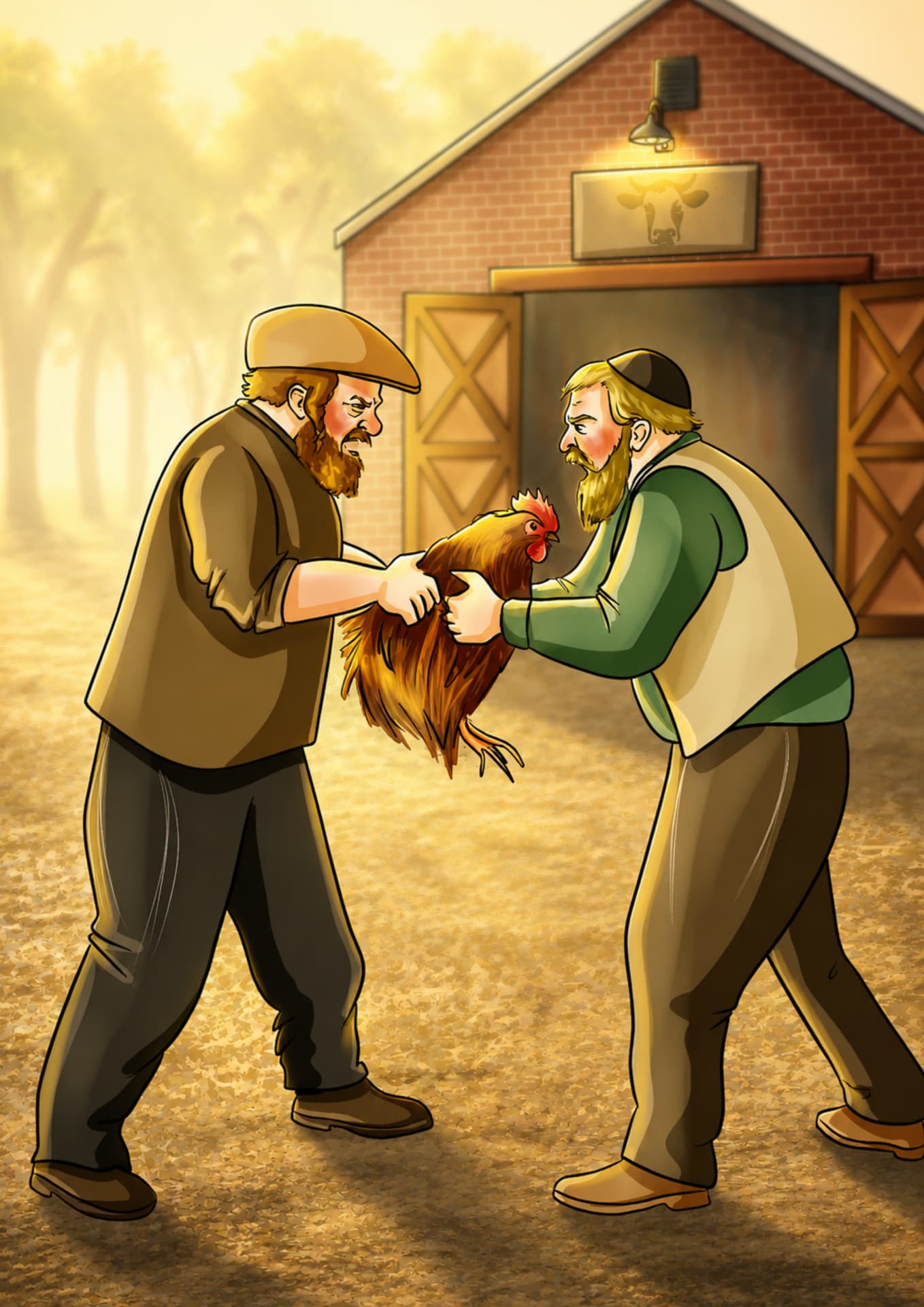 Two men handing over a rooster outside a barn at dawn