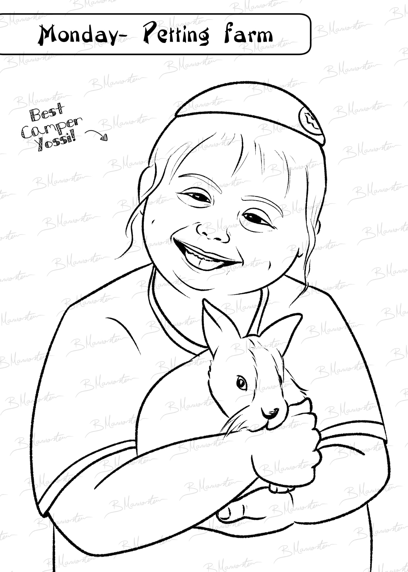Line drawing of a smiling child in a cap holding a rabbit at a petting farm