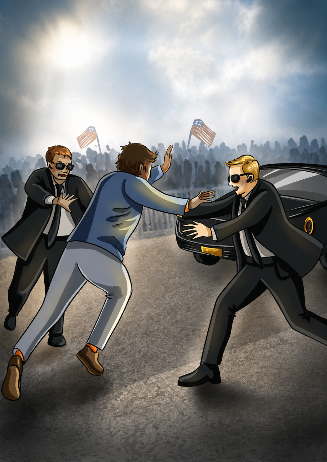 Bodyguards stopping a man rushing toward a motorcade