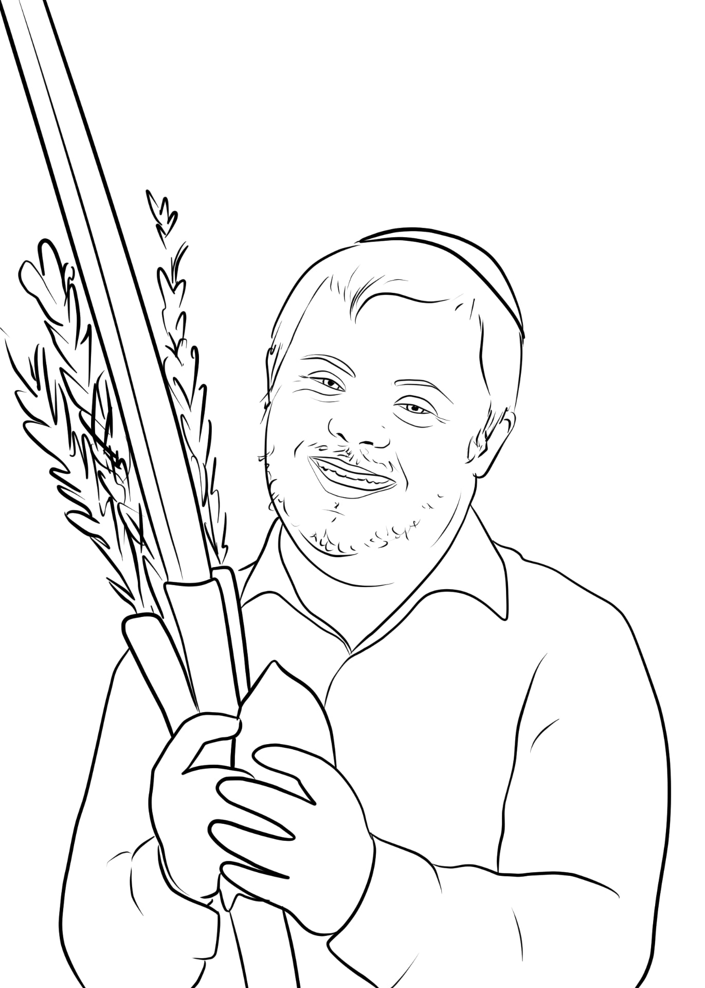 Line drawing of a smiling man holding a lulav and esrog
