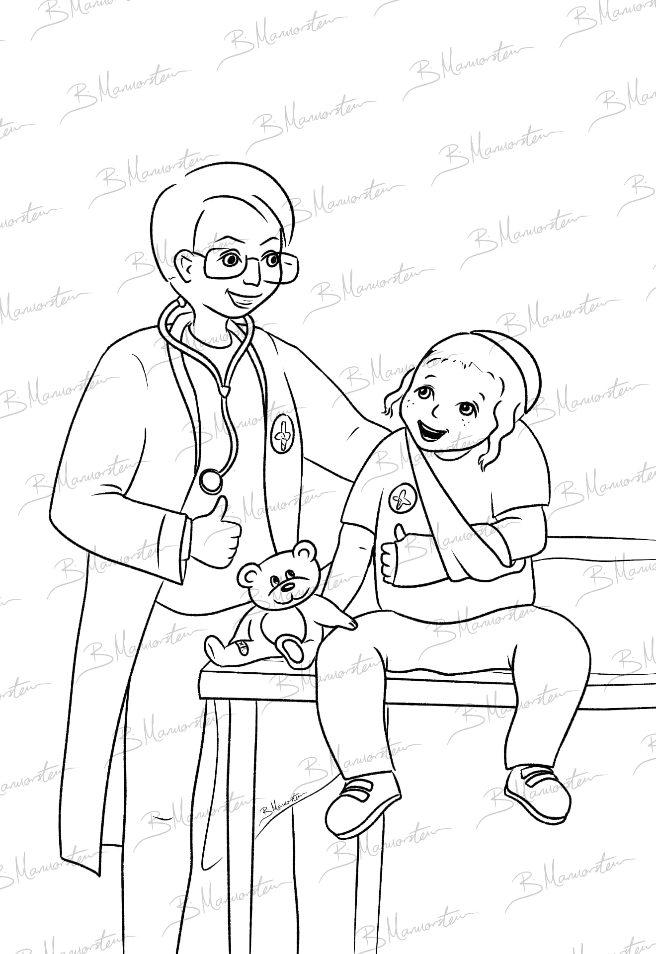 Line-art coloring page of a doctor and a child with an arm sling holding a teddy bear
