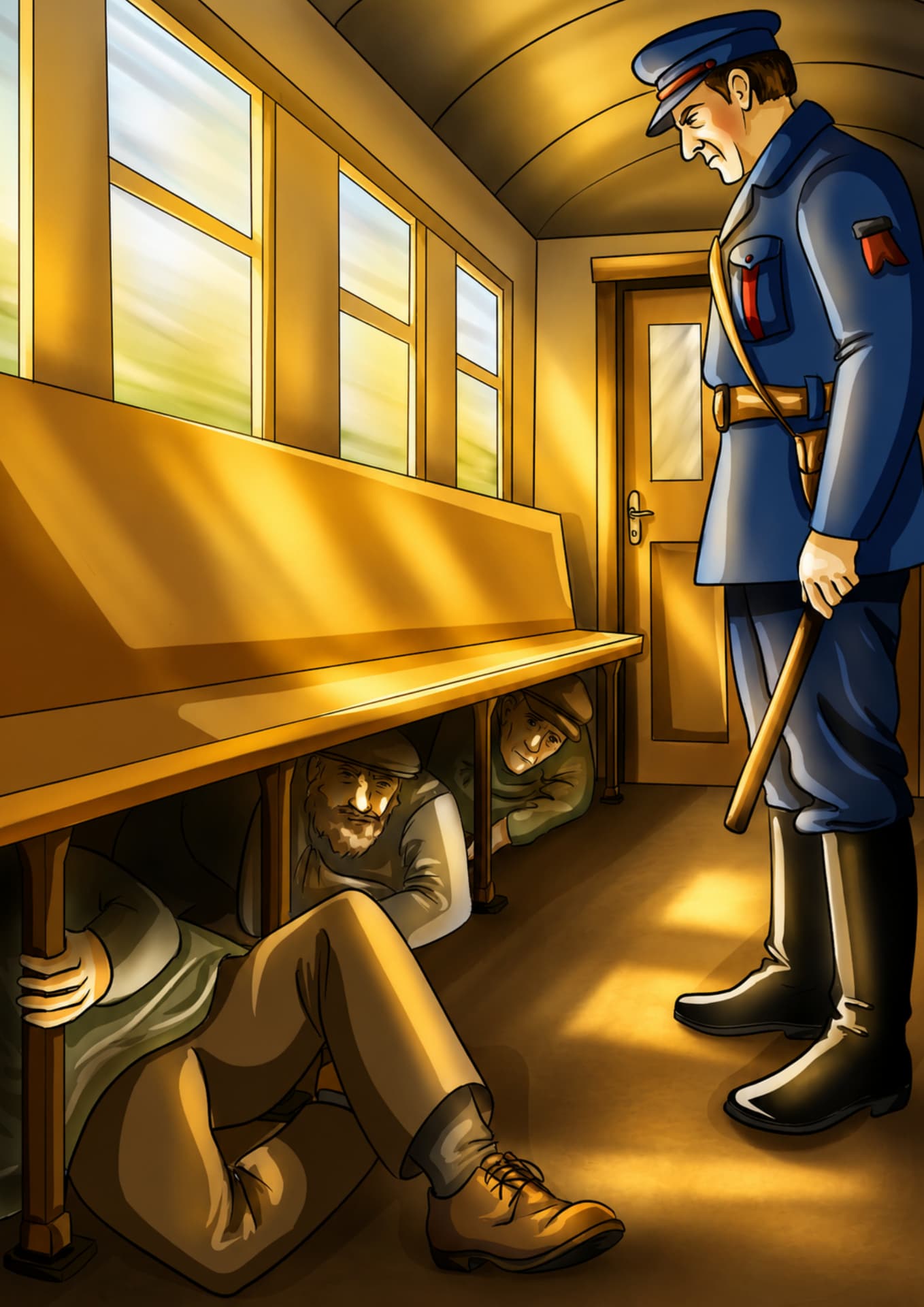 Two men hiding beneath a train bench as an officer stands over them