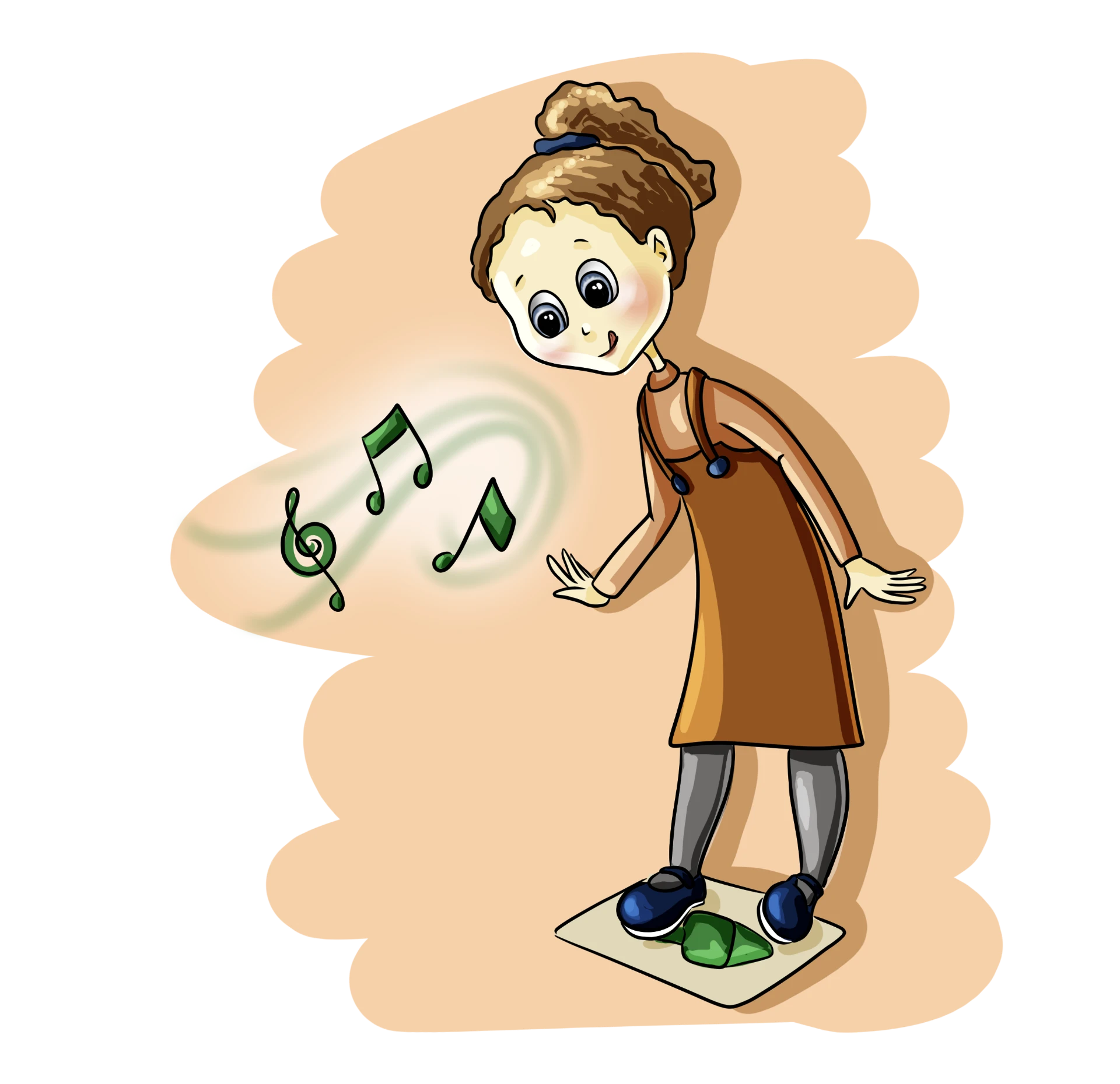Girl in a brown pinafore listening to floating music notes