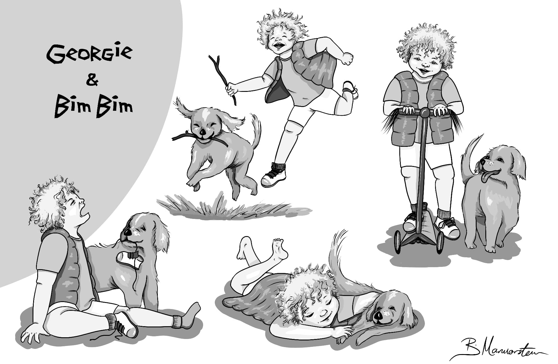Greyscale character sheet of a curly-haired toddler playing with a puppy