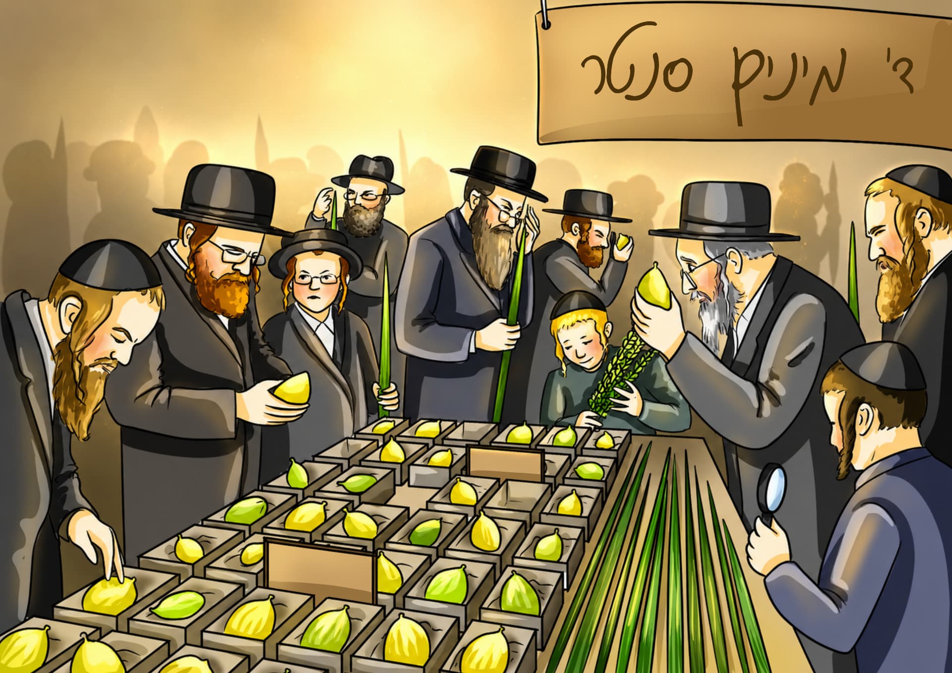 Crowd of men inspecting esrogim and lulavim at a bustling Daled Minim market