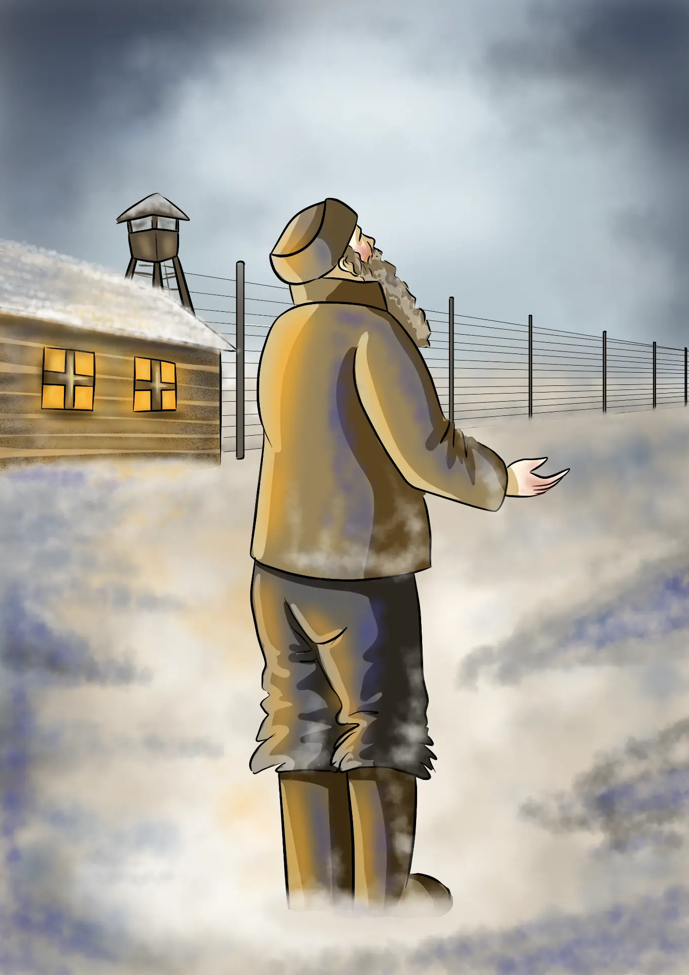 Man standing in deep snow before a camp fence and watchtower