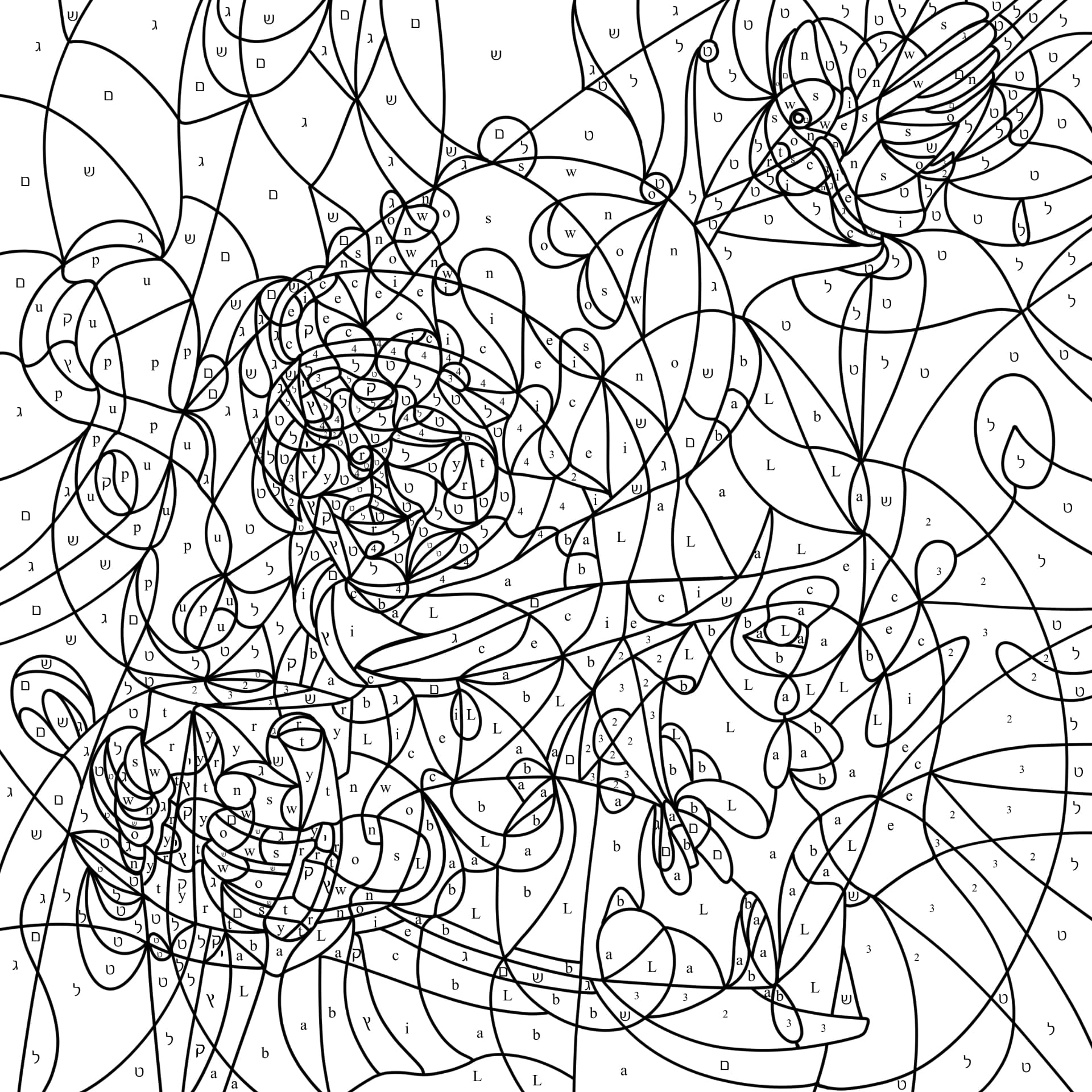 Line-art color-by-letter puzzle of a boy with a hot drink and a bird