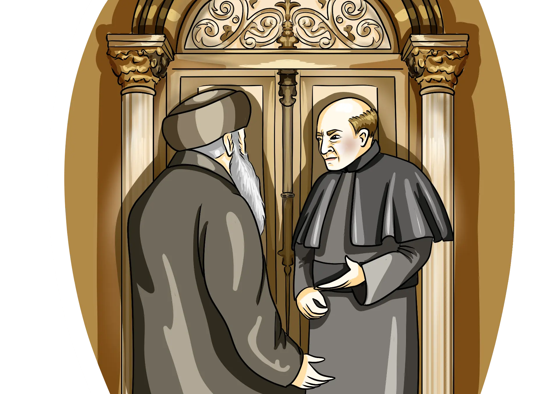 Elderly rabbi speaking with a clergyman in an ornate golden doorway