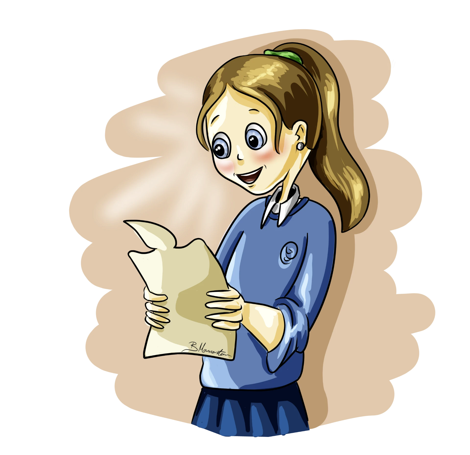 Smiling girl in a blue uniform reading a letter