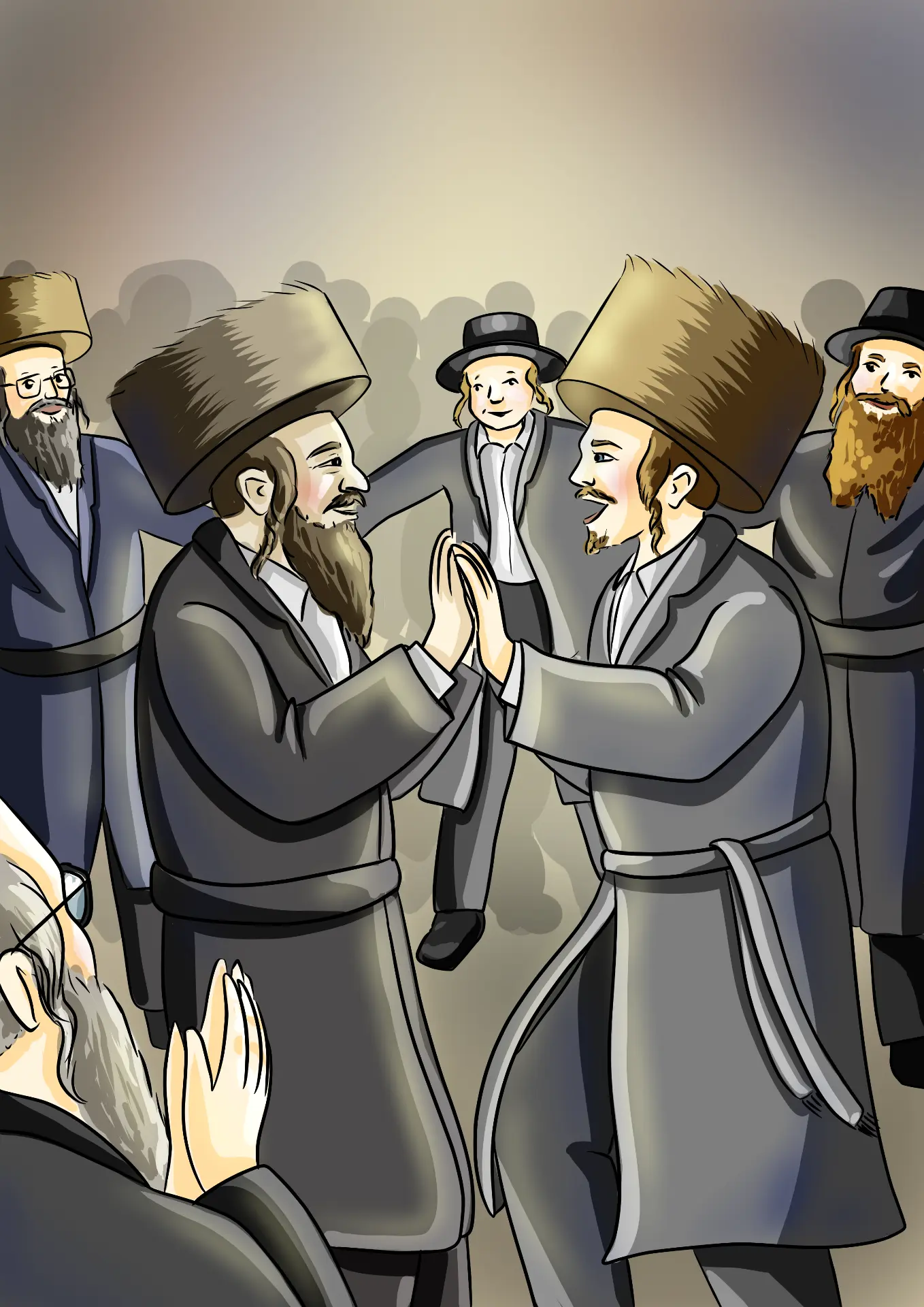 Chassidim in shtreimlach dancing together in a crowd