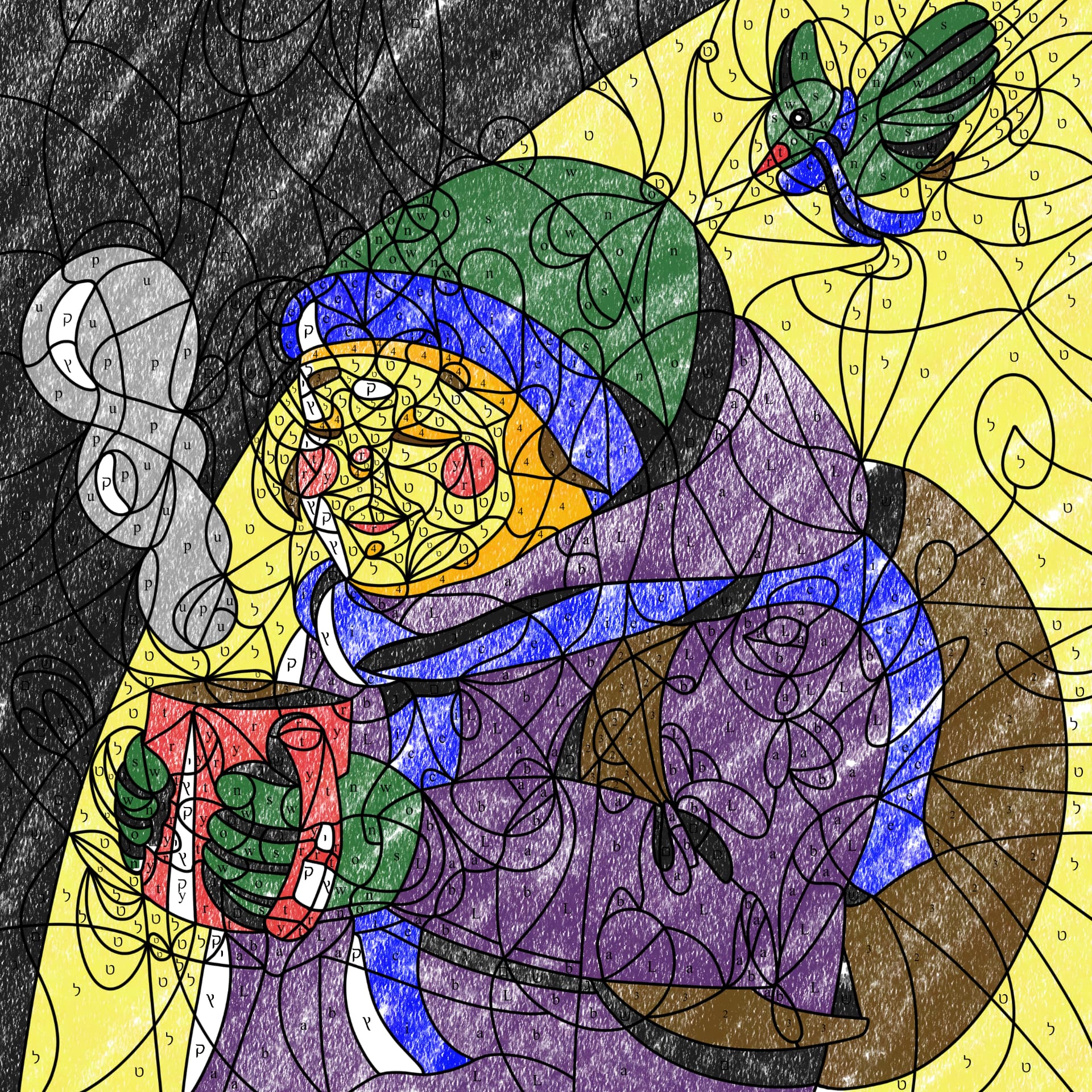 Completed color-by-letter puzzle of a boy with a hot drink and a bird