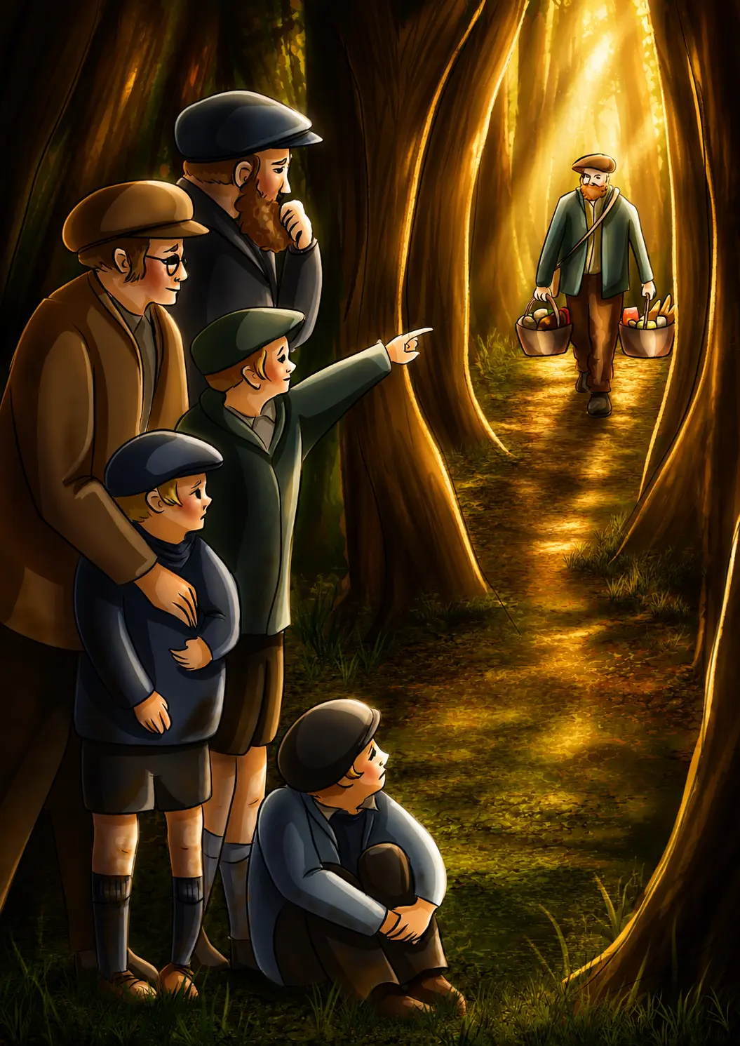 Family watching a man carrying baskets along a sunlit forest path