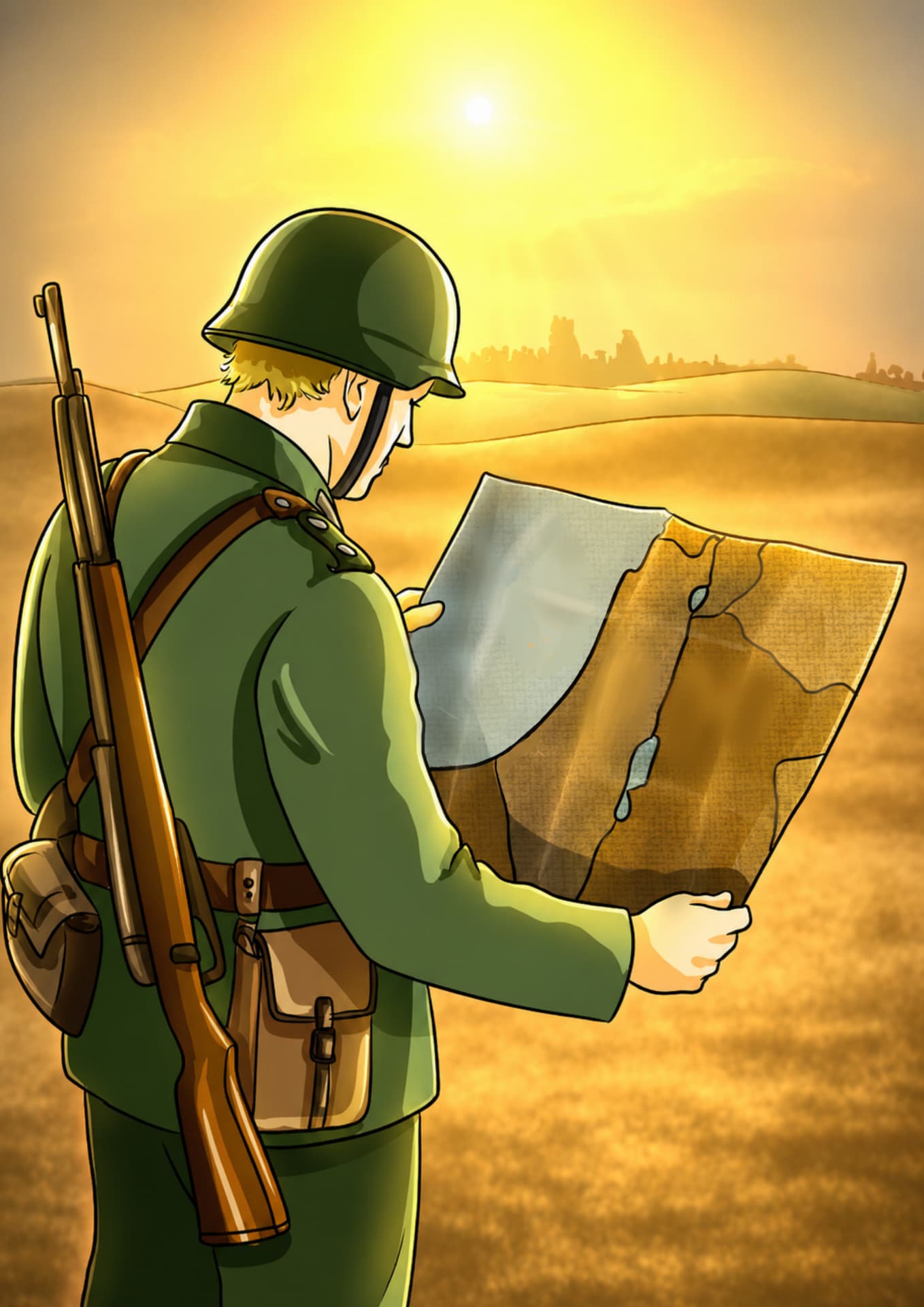 Soldier studying a map in a golden field