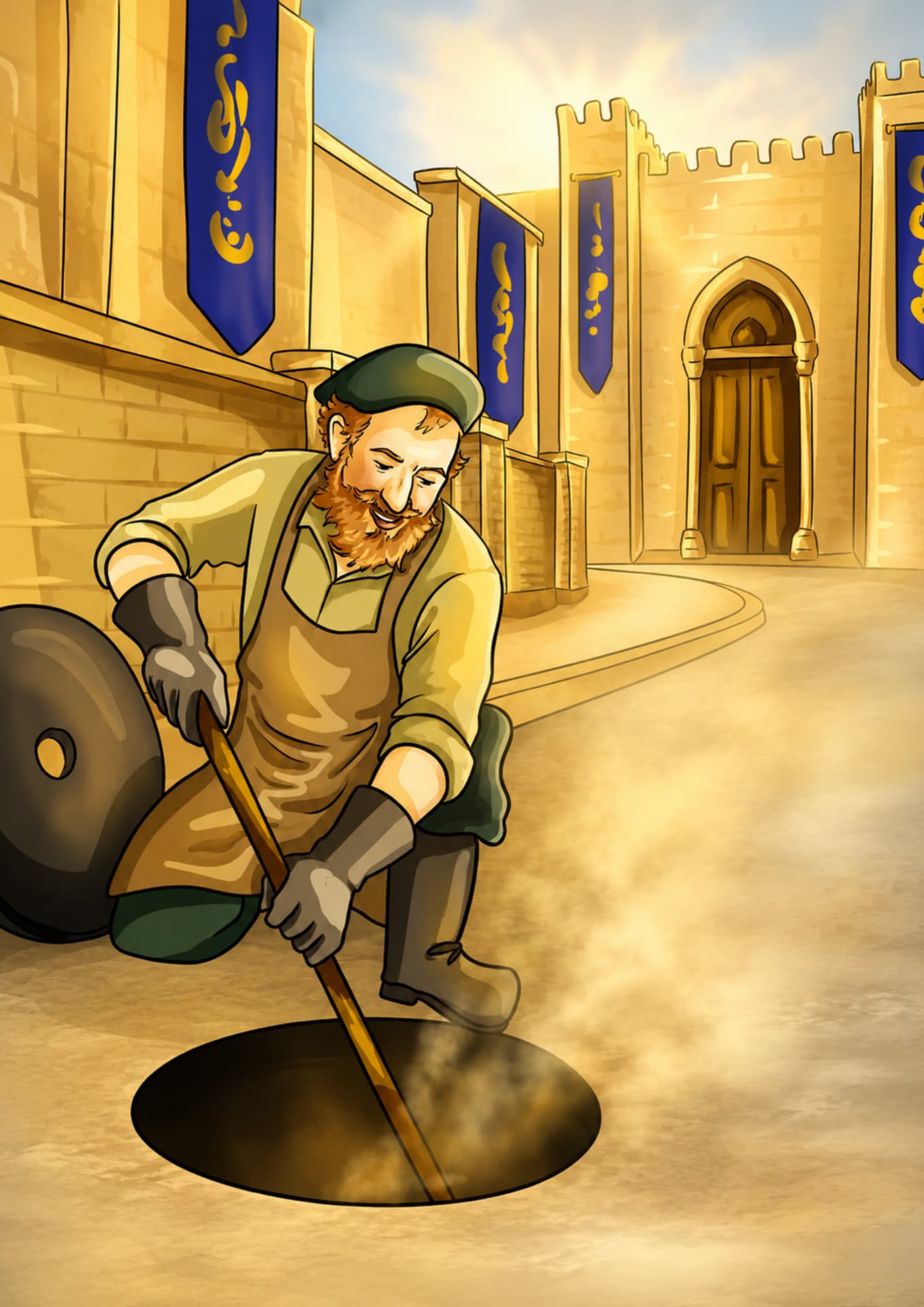 Workman opening a covered well in a walled city street