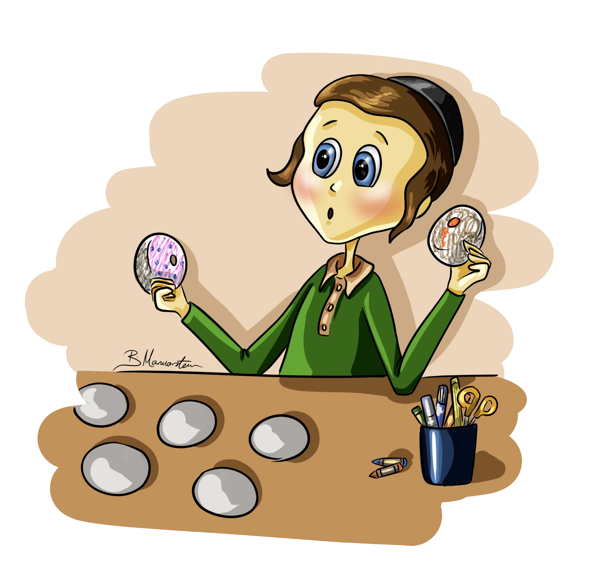 Boy at a table holding up two hand-coloured donut cards