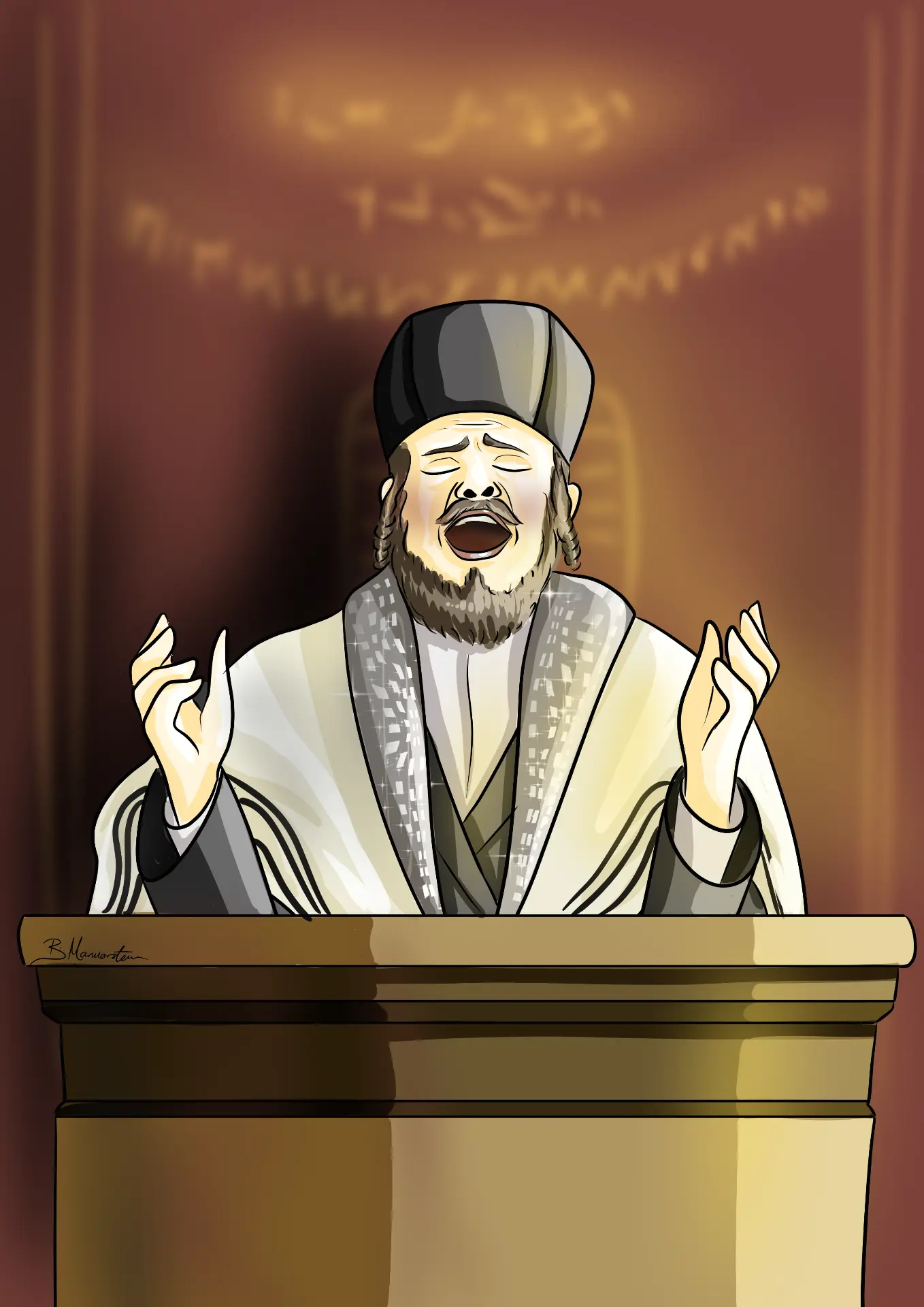 Chazzan in a tallis singing with raised hands at the amud